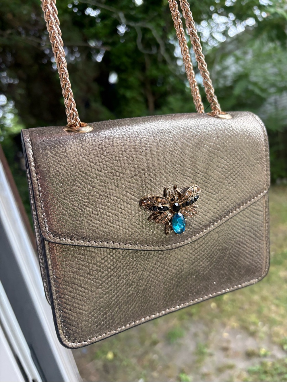 Metallic Gold Crossbody Bag with Bee Jewel Accent